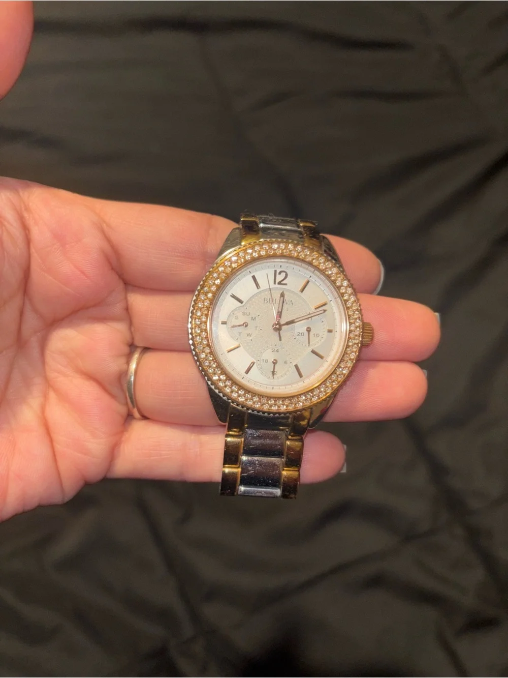 Bulova Two-Tone Crystal Bezel Watch in Rose Gold and silver crystals